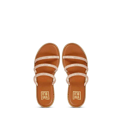 ViviBlu Tan Leather Flat Sandals Embellished With Champagne Straps