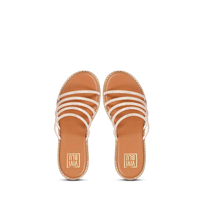 ViviBlu Tan Leather Flat Sandals Embellished With Gold Straps