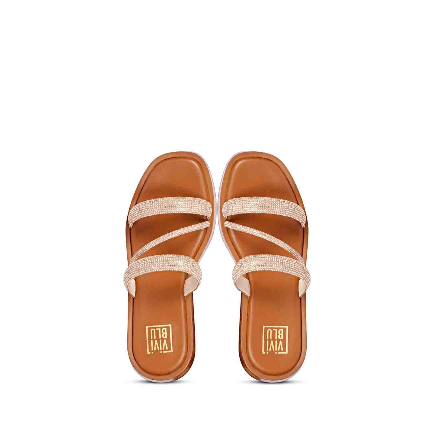 ViviBlu Cuoio Leather Platform Sandals Embellished With Champagne Straps