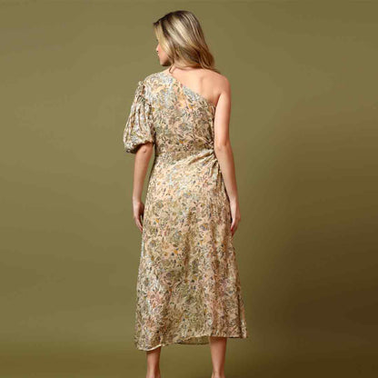 Saint Womens Beige Floral Printed One-Shoulder Maxi Dress