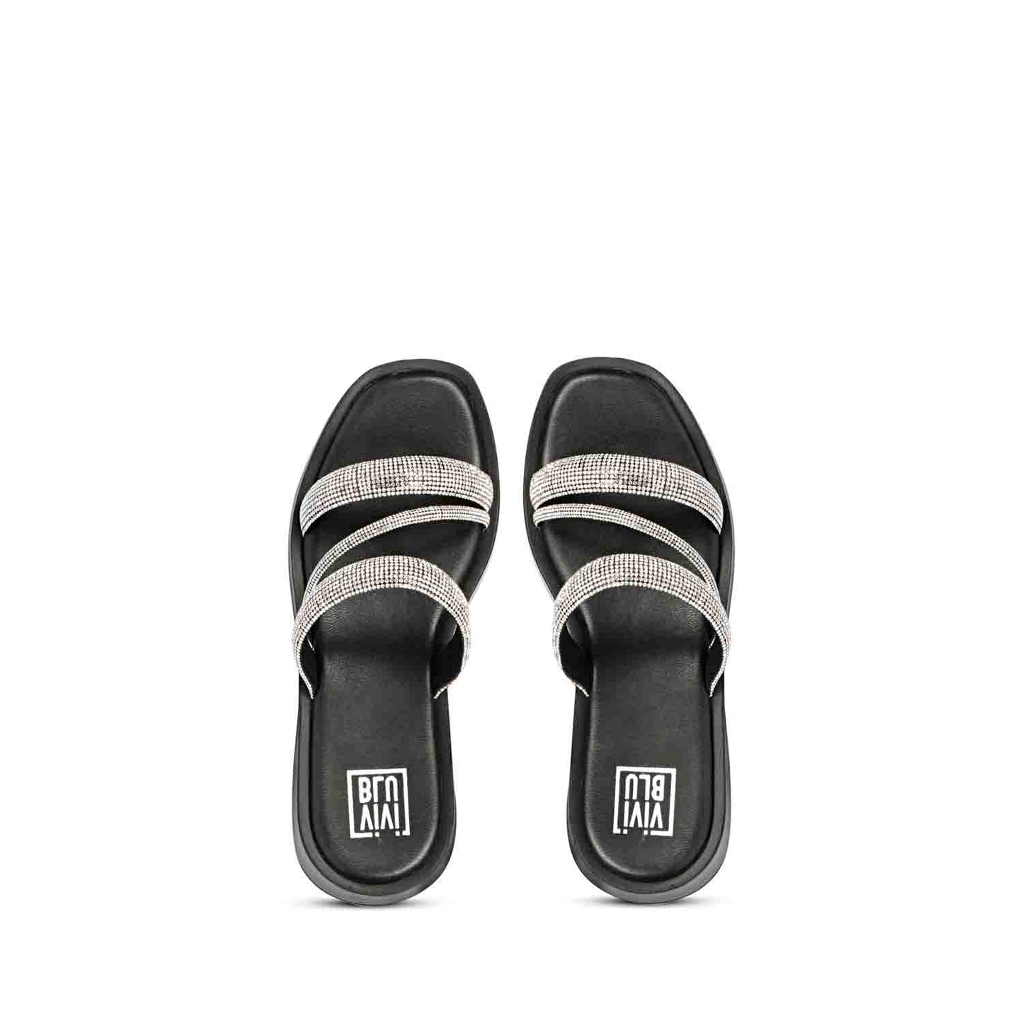 ViviBlu Black Leather Platform Sandals Embellished With Silver Straps