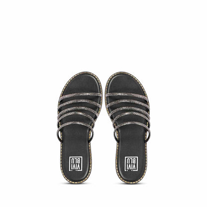 ViviBlu Black Leather Flat Sandals Embellished With Gun Metallic Straps