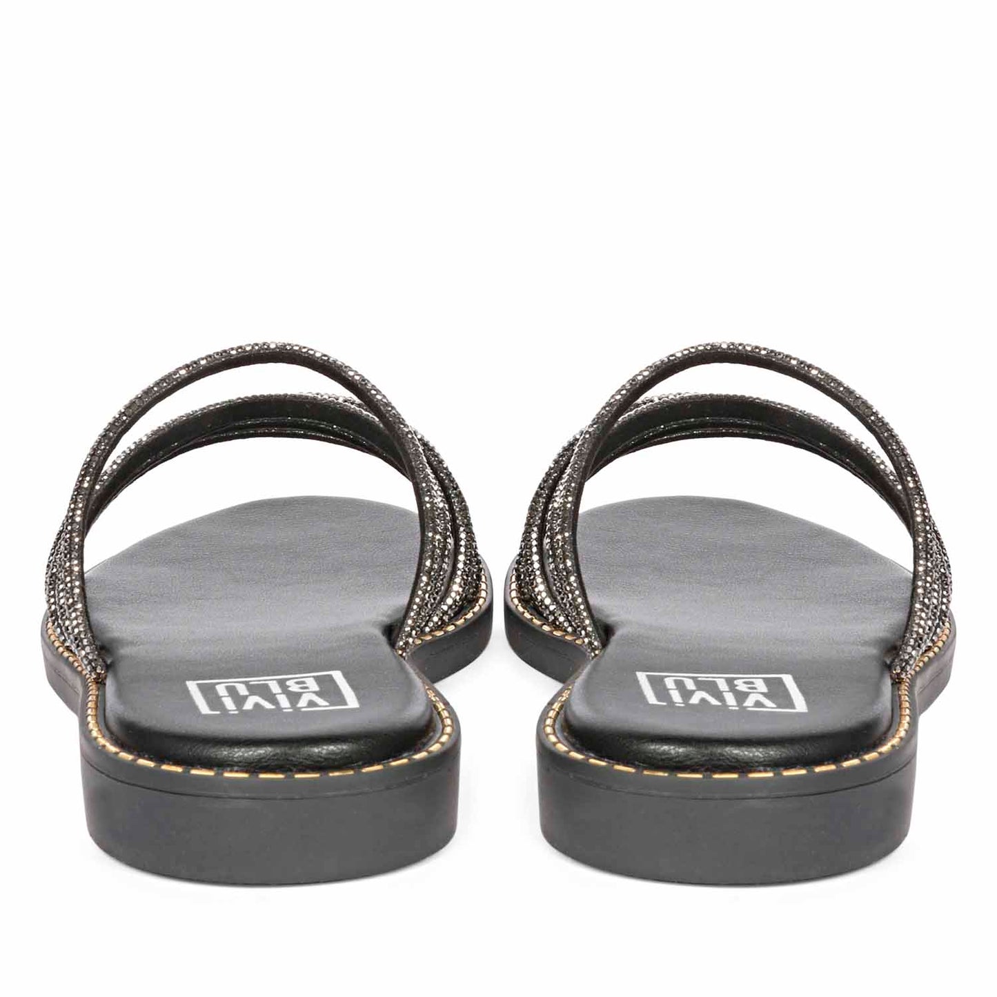 ViviBlu Black Leather Flat Sandals Embellished With Gun Metallic Straps