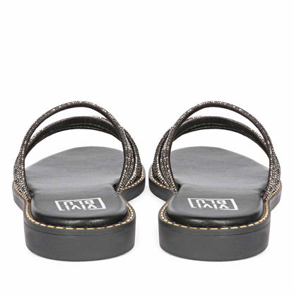 ViviBlu Black Leather Flat Sandals Embellished With Gun Metallic Straps