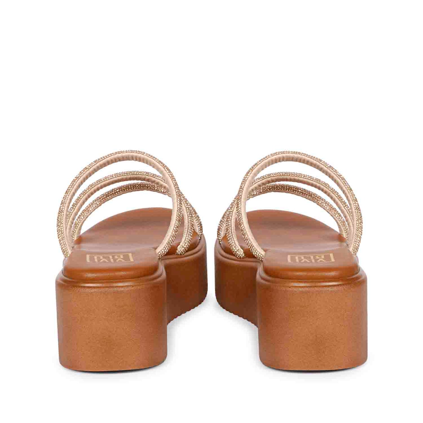 ViviBlu Tan Leather Platform Sandals Embellished With Champagne Straps