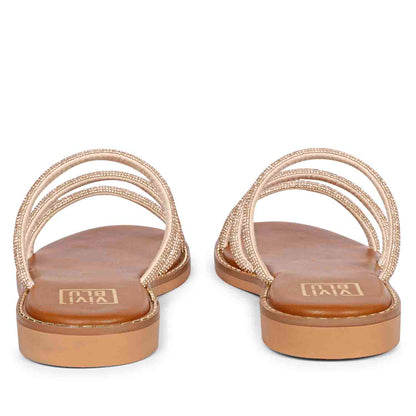 ViviBlu Tan Leather Flat Sandals Embellished With Champagne Straps