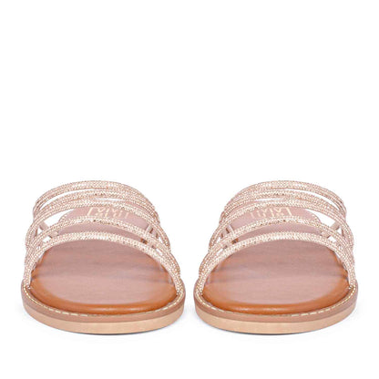 ViviBlu Tan Leather Flat Sandals Embellished With Gold Straps