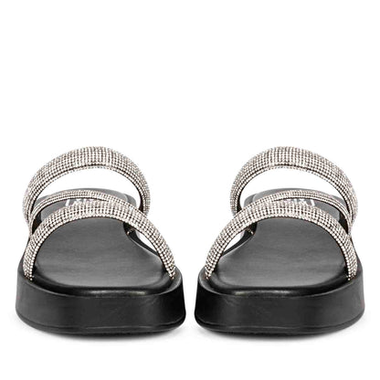 ViviBlu Black Leather Platform Sandals Embellished With Silver Straps