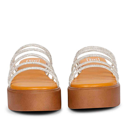 ViviBlu Musturd Leather Platform Sandals Embellished With White Straps