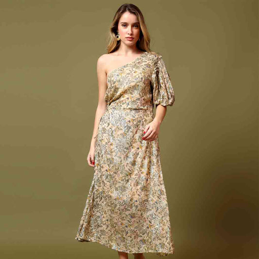 Saint Womens Beige Floral Printed One-Shoulder Maxi Dress