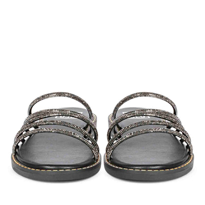 ViviBlu Black Leather Flat Sandals Embellished With Gun Metallic Straps
