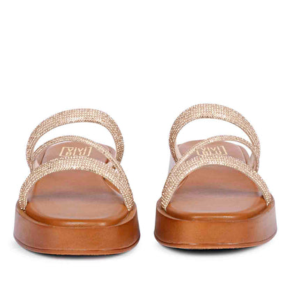 ViviBlu Cuoio Leather Platform Sandals Embellished With Champagne Straps