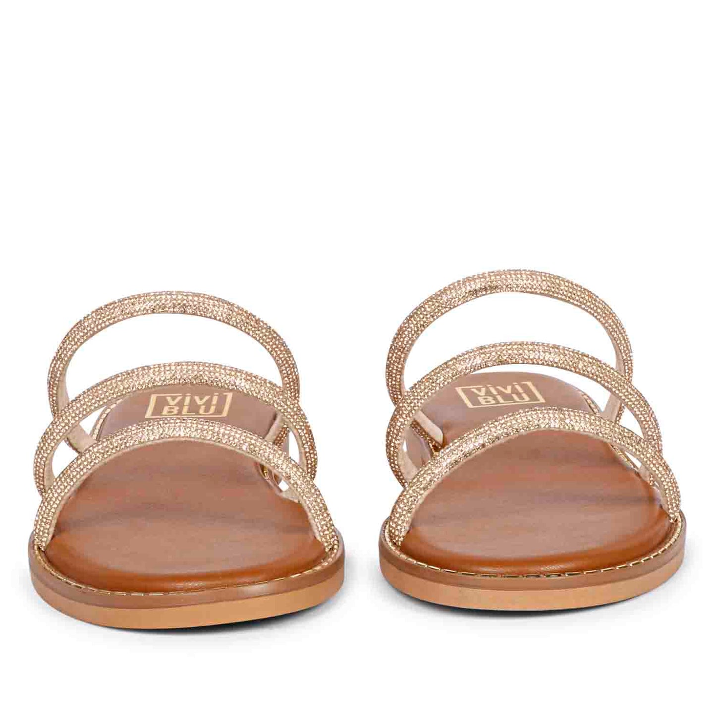 ViviBlu Tan Leather Flat Sandals Embellished With Champagne Straps