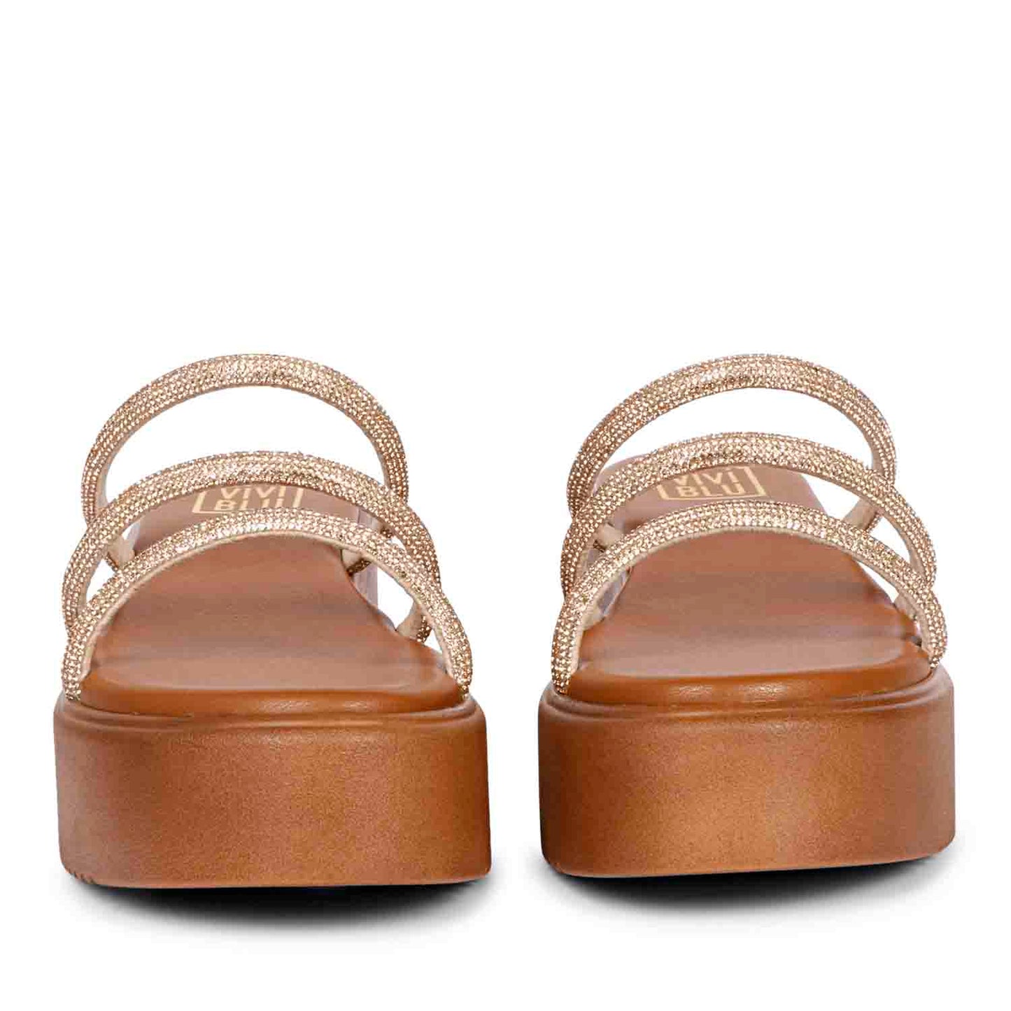 ViviBlu Tan Leather Platform Sandals Embellished With Champagne Straps
