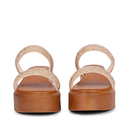 ViviBlu Tan Leather Platform Sandals Embellished With Champange Straps