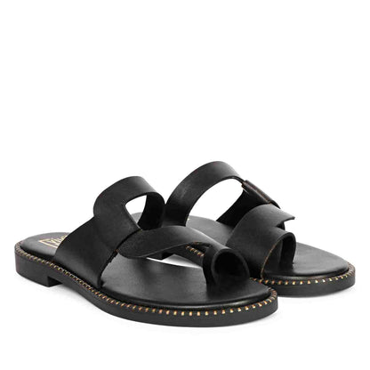 ViviBlu Black Leather Flat Sandals