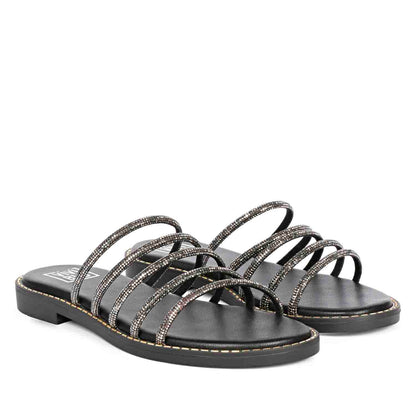 ViviBlu Black Leather Flat Sandals Embellished With Gun Metallic Straps