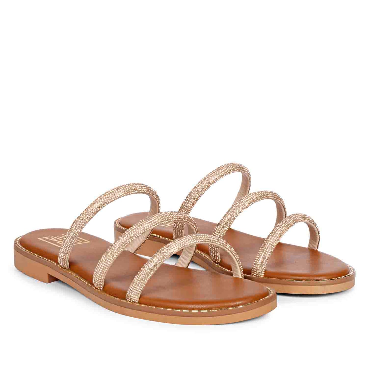 ViviBlu Tan Leather Flat Sandals Embellished With Champagne Straps