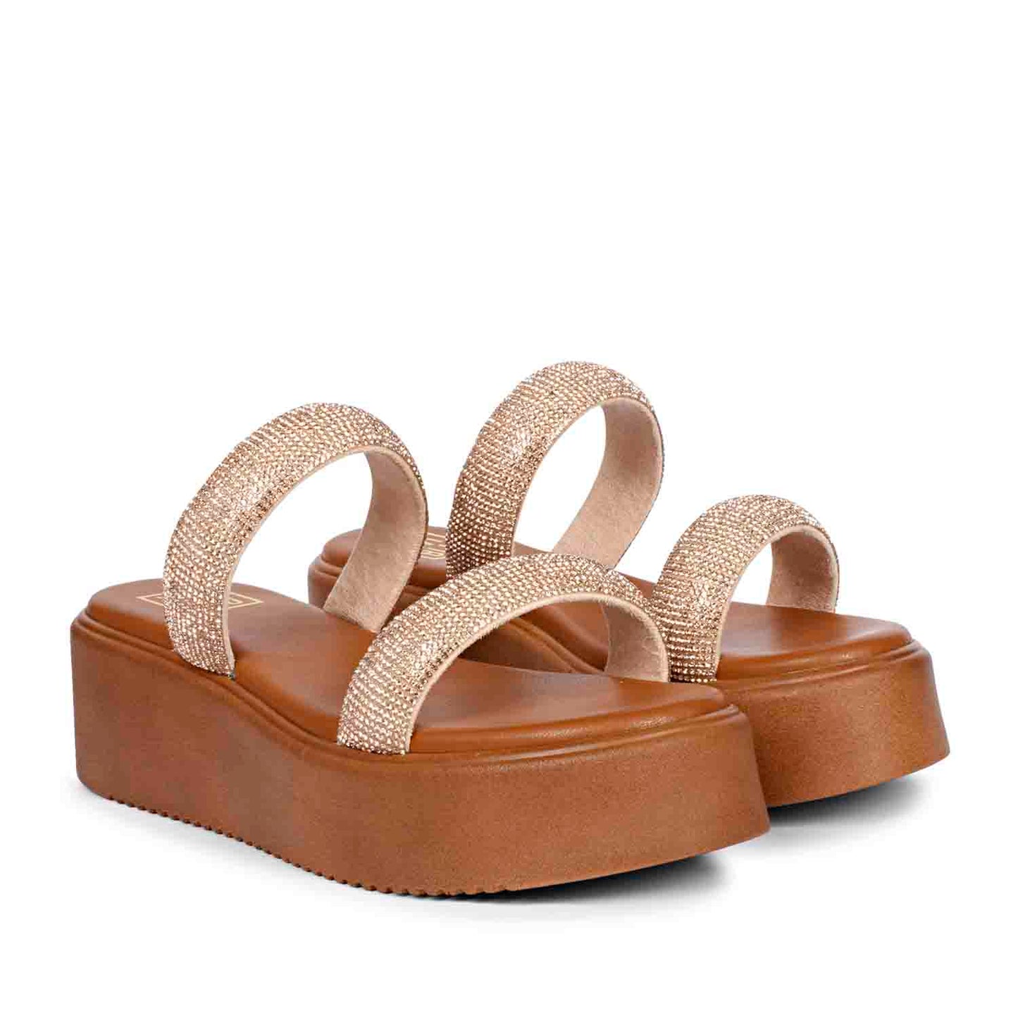 ViviBlu Tan Leather Platform Sandals Embellished With Champange Straps