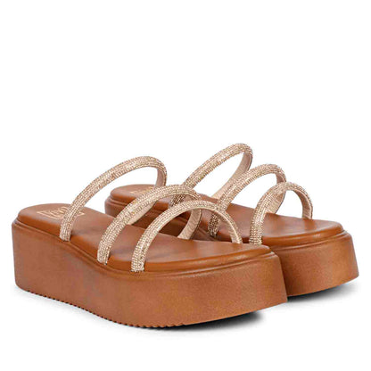 ViviBlu Tan Leather Platform Sandals Embellished With Champagne Straps