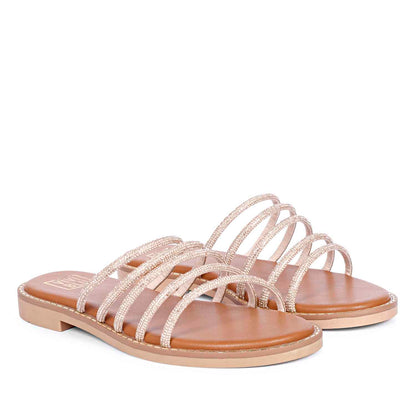 ViviBlu Tan Leather Flat Sandals Embellished With Gold Straps