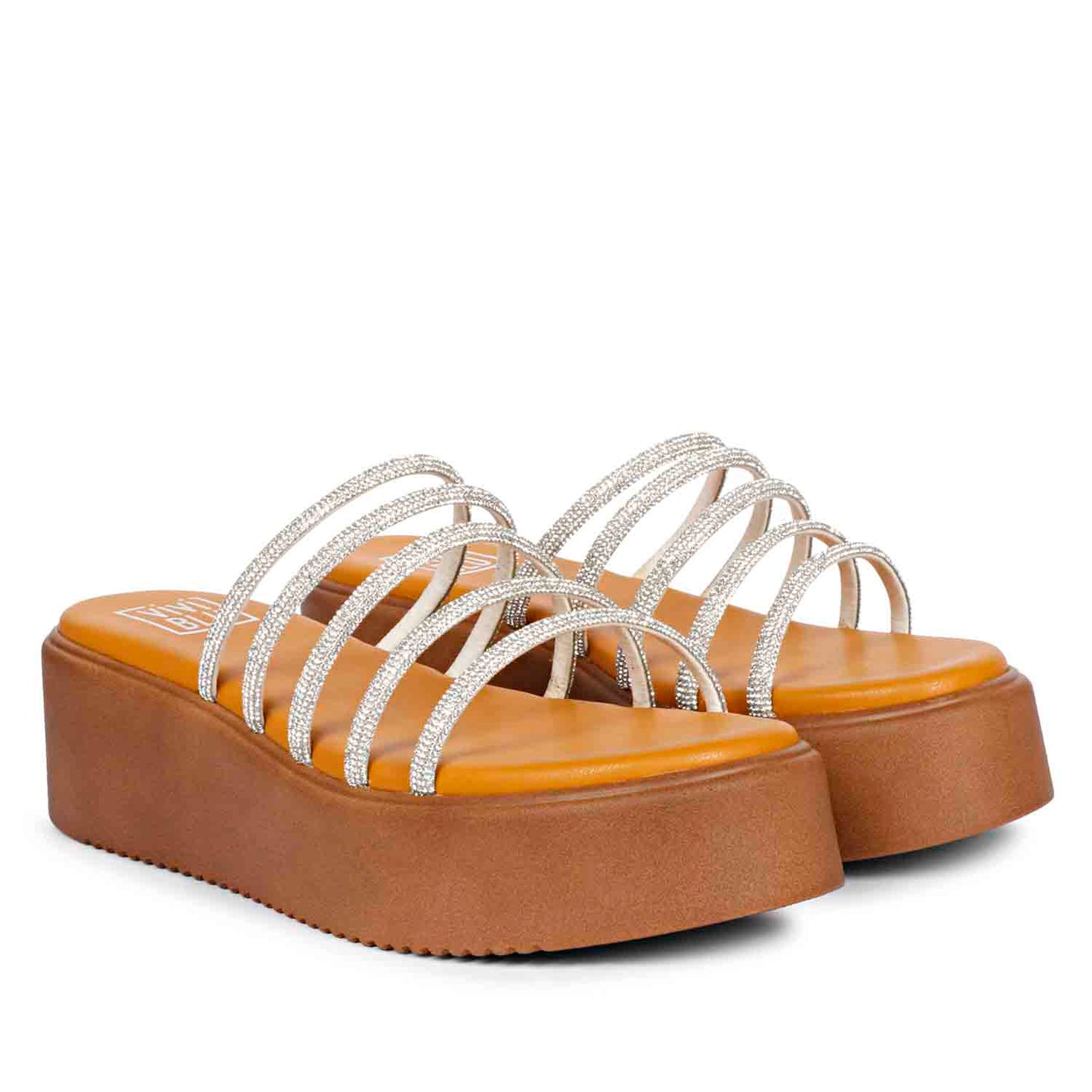 ViviBlu Musturd Leather Platform Sandals Embellished With White Straps