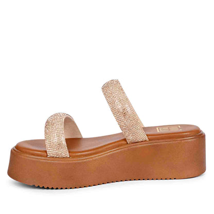 ViviBlu Tan Leather Platform Sandals Embellished With Champange Straps