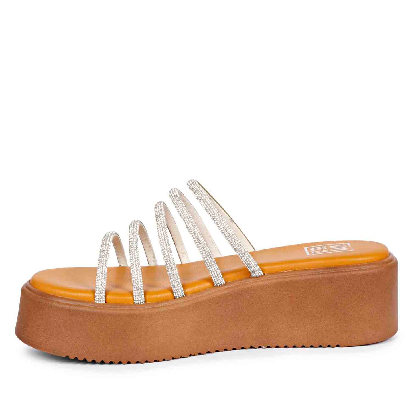 ViviBlu Musturd Leather Platform Sandals Embellished With White Straps