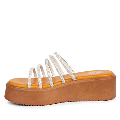 ViviBlu Musturd Leather Platform Sandals Embellished With White Straps