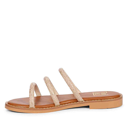 ViviBlu Tan Leather Flat Sandals Embellished With Champagne Straps