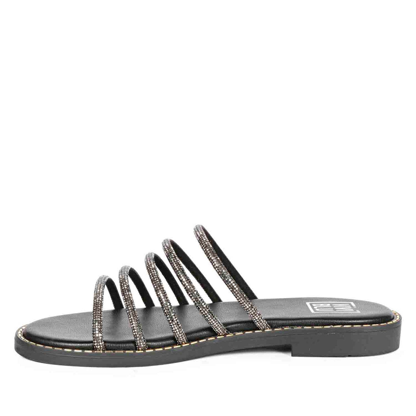 ViviBlu Black Leather Flat Sandals Embellished With Gun Metallic Straps