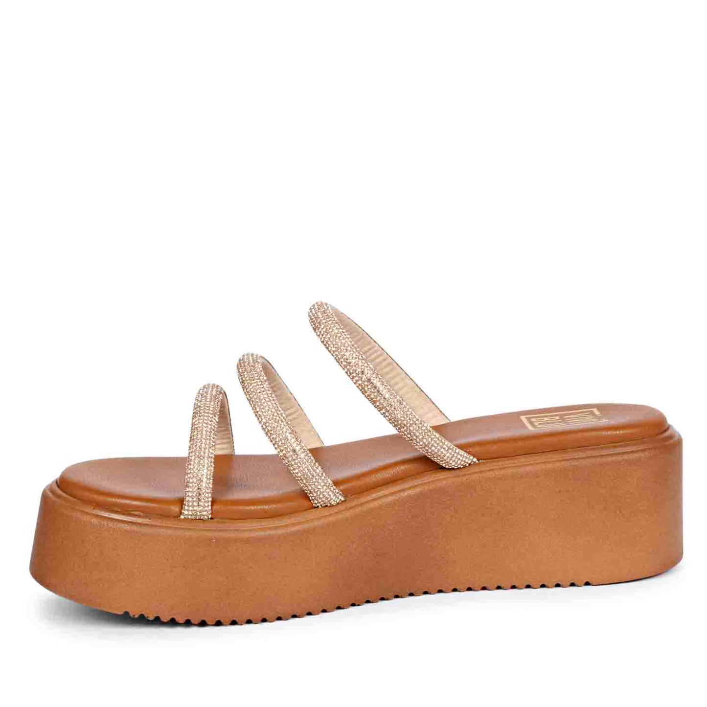 ViviBlu Tan Leather Platform Sandals Embellished With Champagne Straps