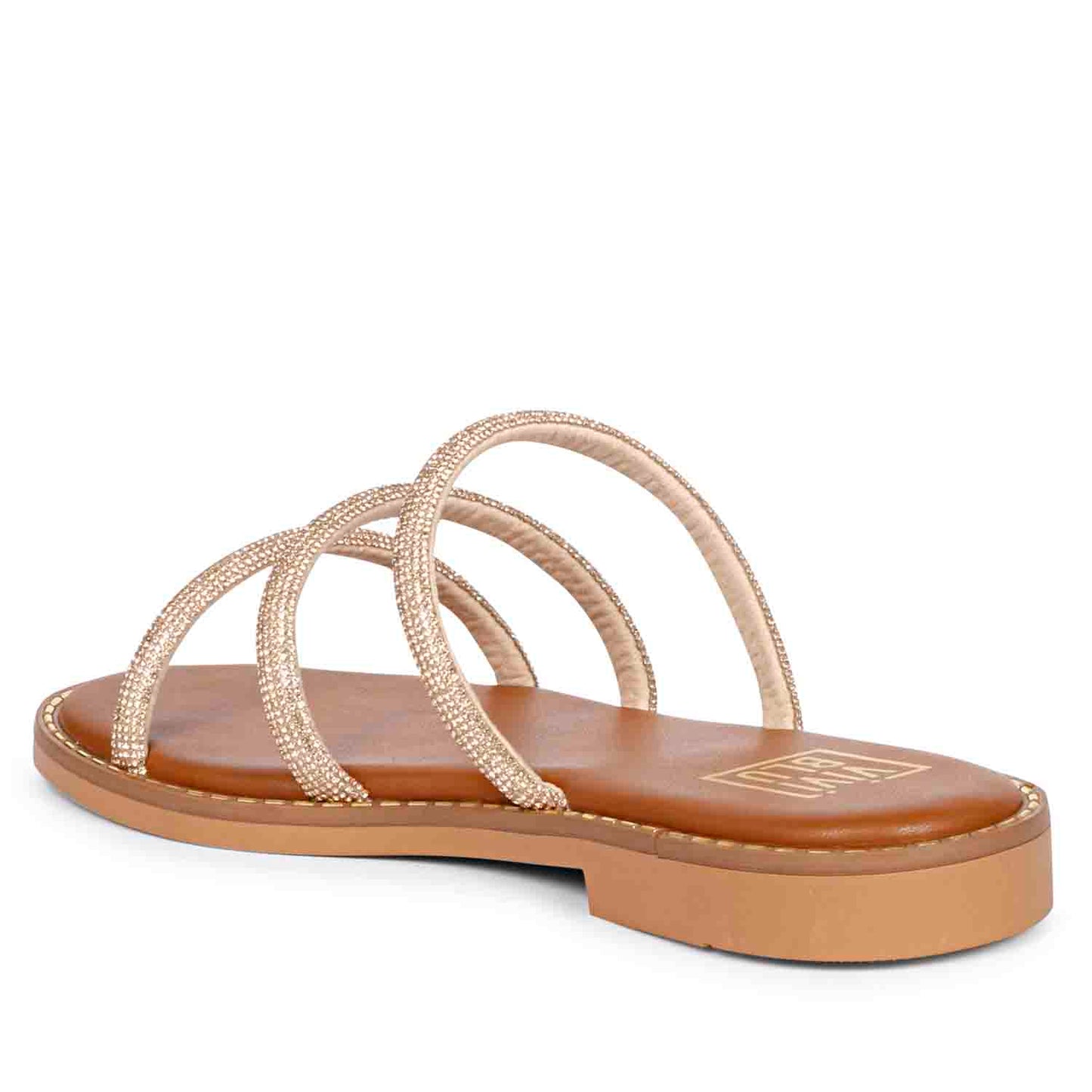 ViviBlu Tan Leather Flat Sandals Embellished With Champagne Straps
