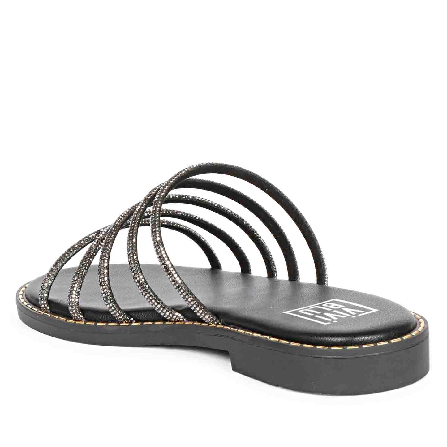 ViviBlu Black Leather Flat Sandals Embellished With Gun Metallic Straps