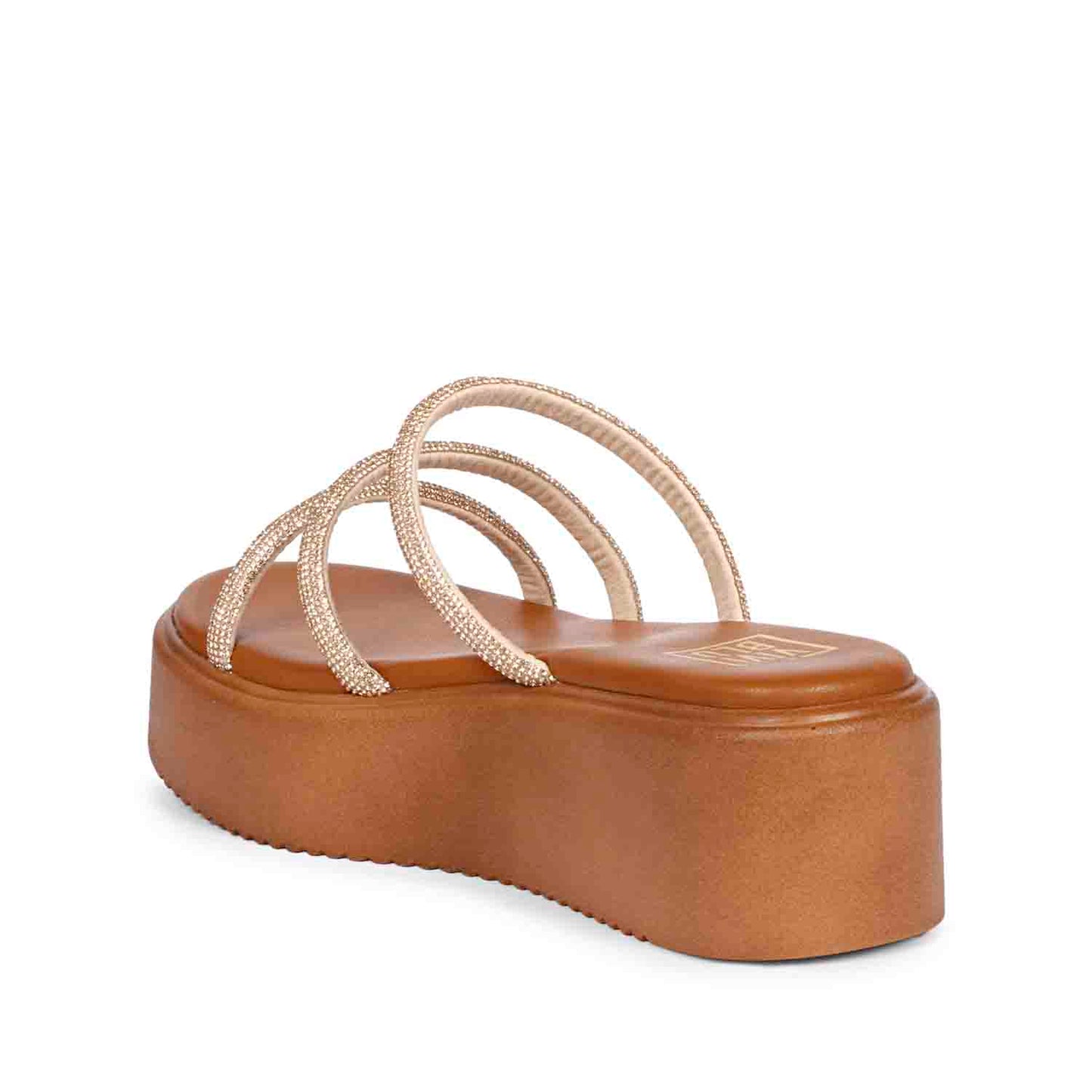 ViviBlu Tan Leather Platform Sandals Embellished With Champagne Straps