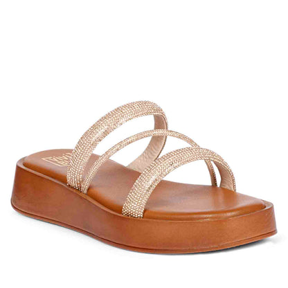 ViviBlu Cuoio Leather Platform Sandals Embellished With Champagne Straps