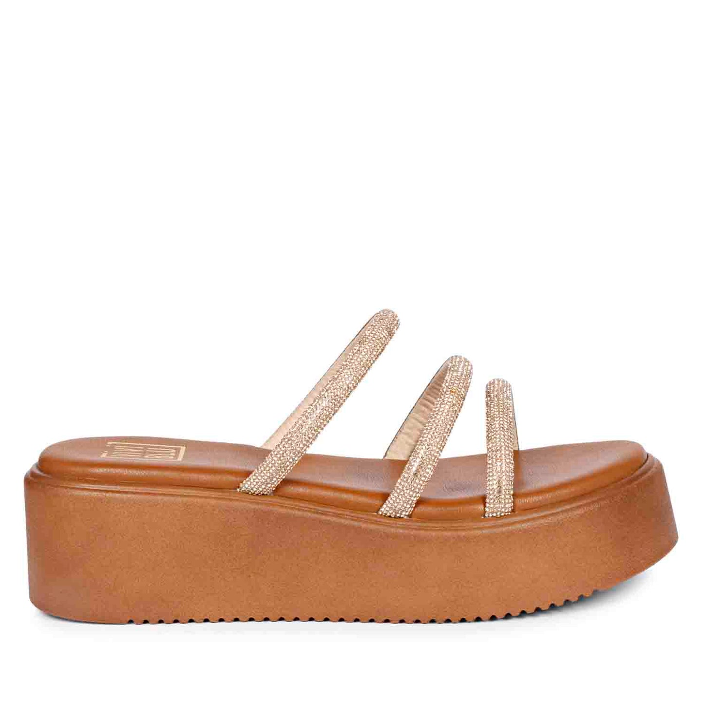ViviBlu Tan Leather Platform Sandals Embellished With Champagne Straps