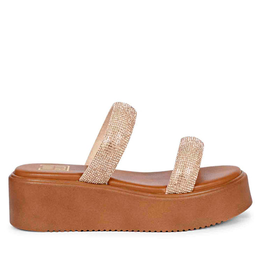 ViviBlu Tan Leather Platform Sandals Embellished With Champange Straps