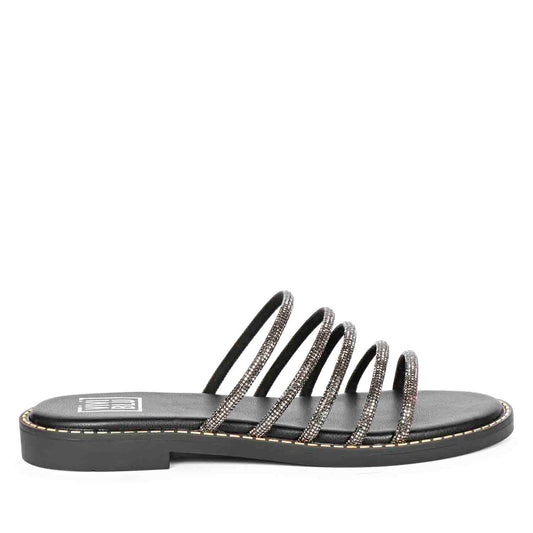 ViviBlu Black Leather Flat Sandals Embellished With Gun Metallic Straps