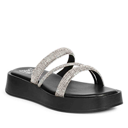 ViviBlu Black Leather Platform Sandals Embellished With Silver Straps