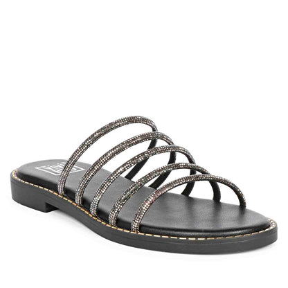 ViviBlu Black Leather Flat Sandals Embellished With Gun Metallic Straps