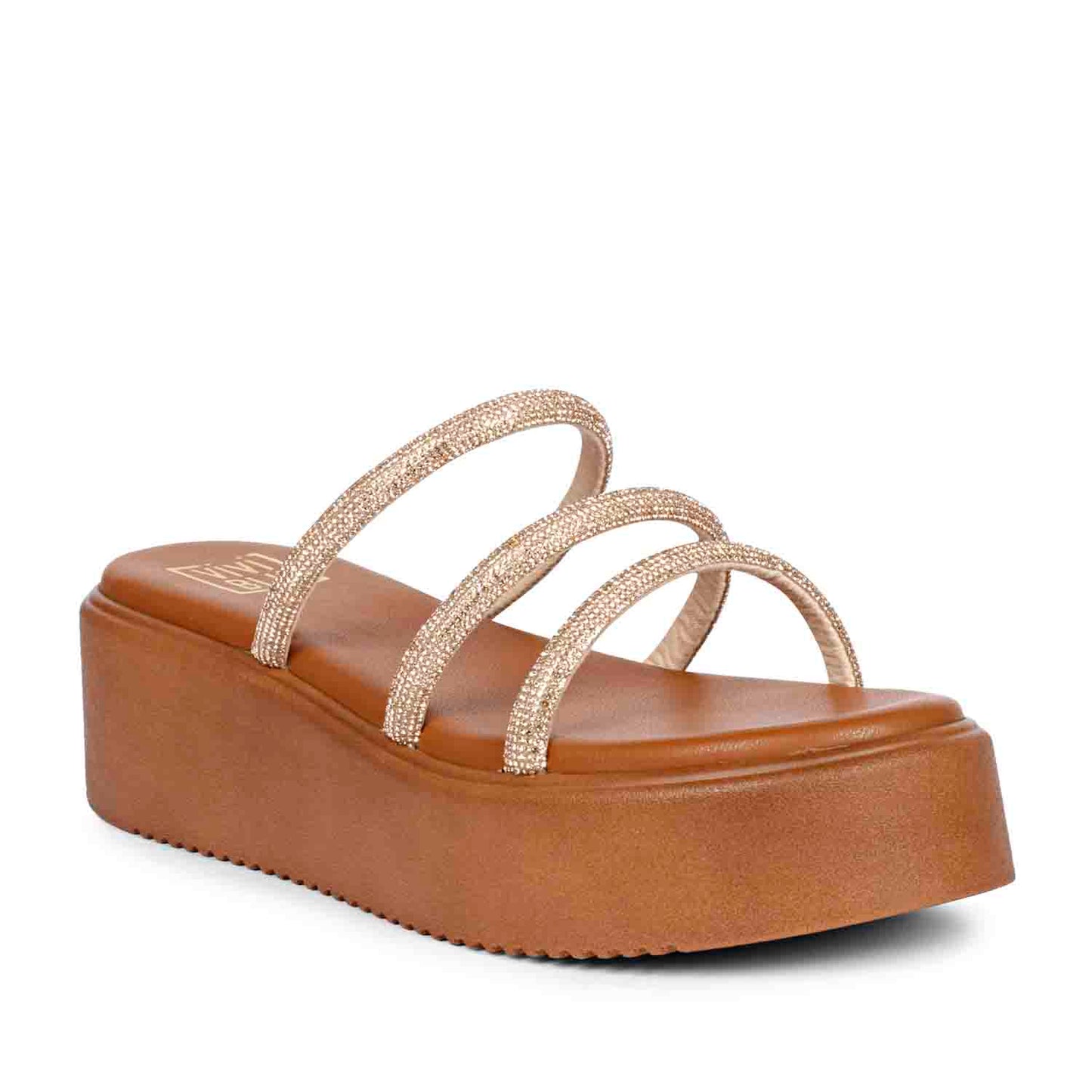 ViviBlu Tan Leather Platform Sandals Embellished With Champagne Straps