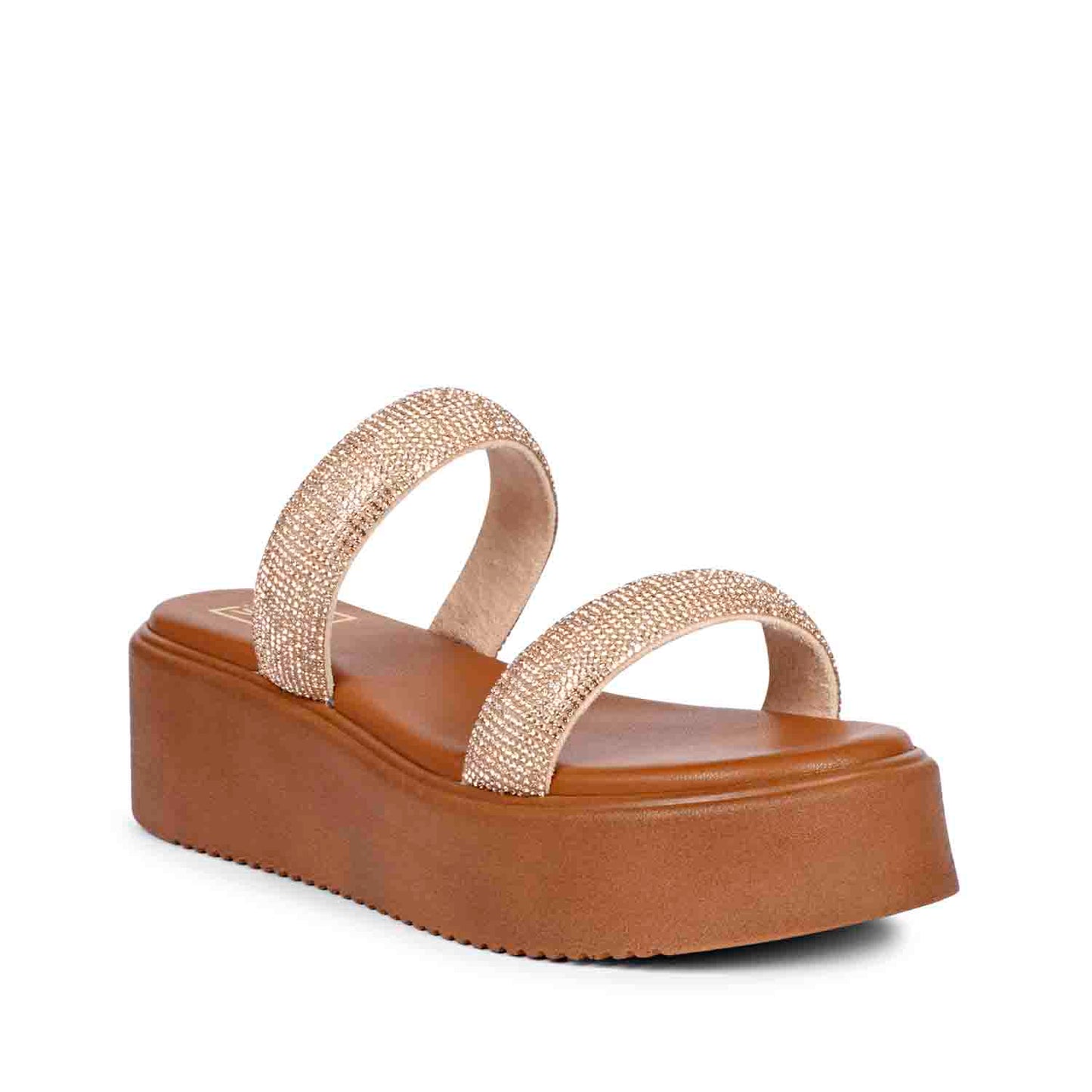 ViviBlu Tan Leather Platform Sandals Embellished With Champange Straps
