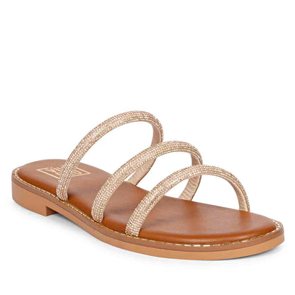 ViviBlu Tan Leather Flat Sandals Embellished With Champagne Straps