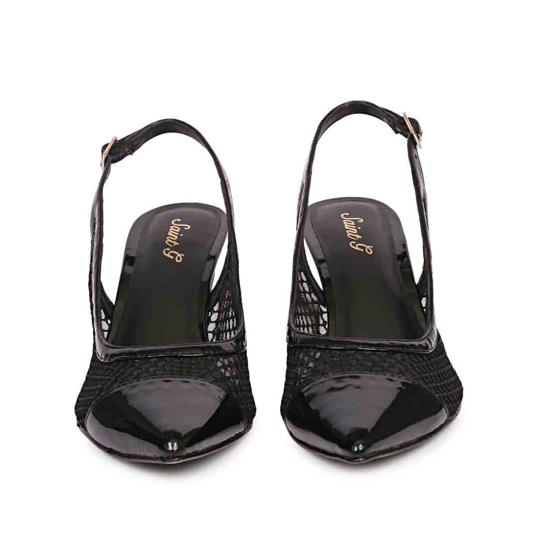 Saint Katy Black Leather & Premium Net Slingback Pumps