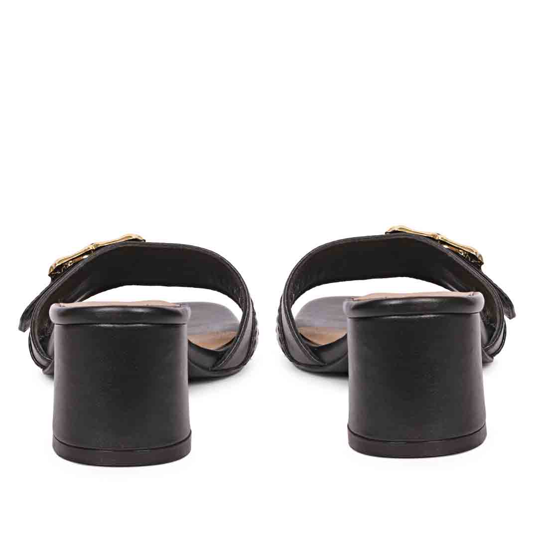 Saint Flavia Gold Square Buckle Leather Block Heels