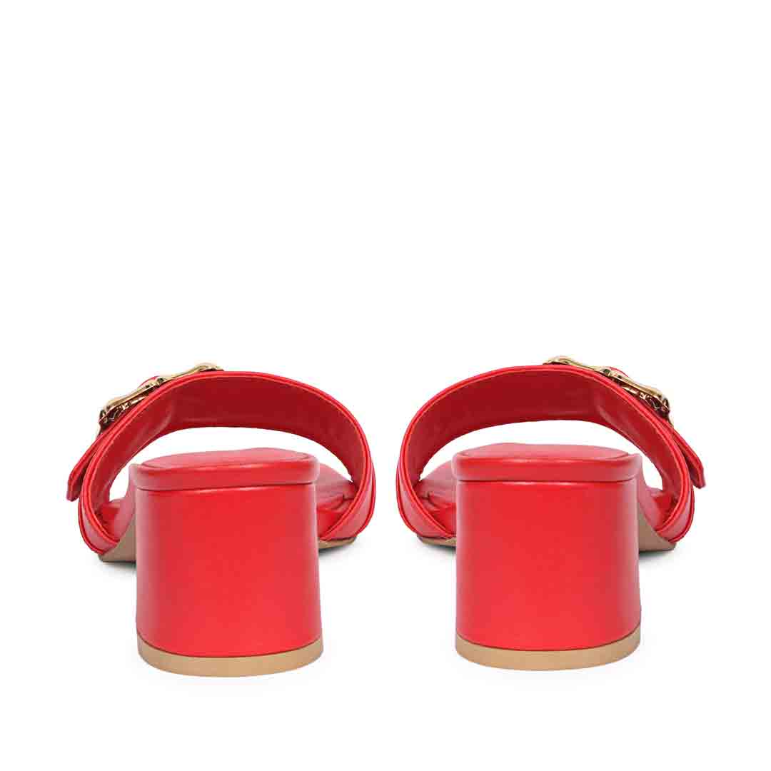 Saint Flavia Gold Square Buckle Leather Goji Berry Block Heels