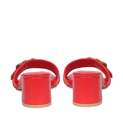 Saint Flavia Gold Square Buckle Leather Goji Berry Block Heels