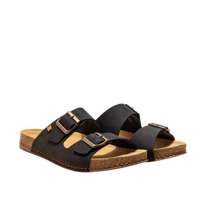 El Naturalista Black Embellished Leather Block Sandals with Buckle