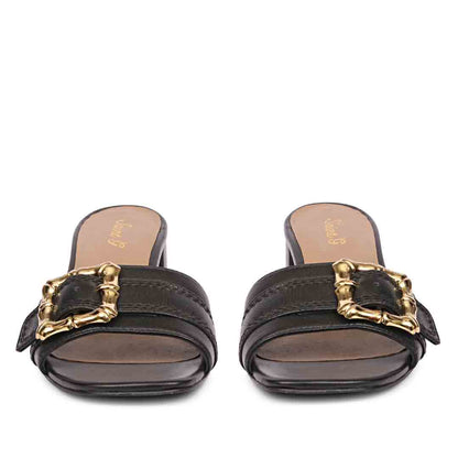 Saint Flavia Gold Square Buckle Leather Block Heels
